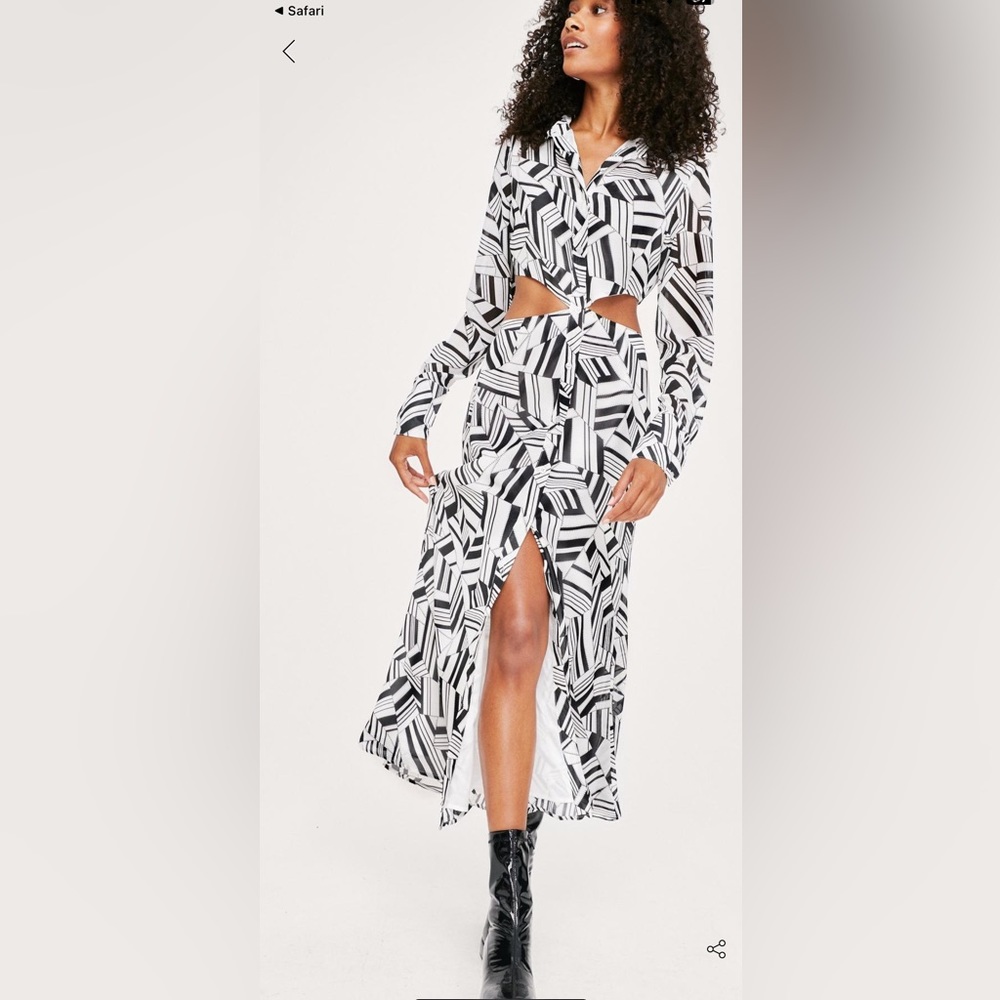 Nasty Gal Abstract Print Button Up Cut Out Midi Shirt Dress Black White 4 Small
